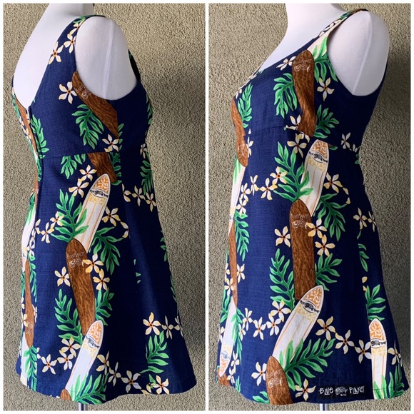 🌺 “Blue Planet” Navy Hawaiian Barkcloth Mini-Dress Surfboards size XS - Picture 3 of 11